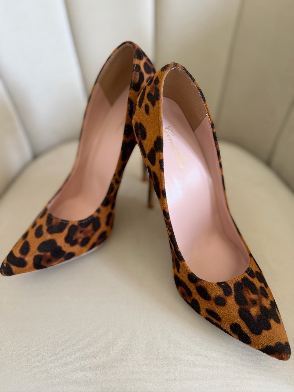 Gen Shuo Leopard Print Faux Suede Pointed-Toe Stiletto Heels Brown/Black Pump 9